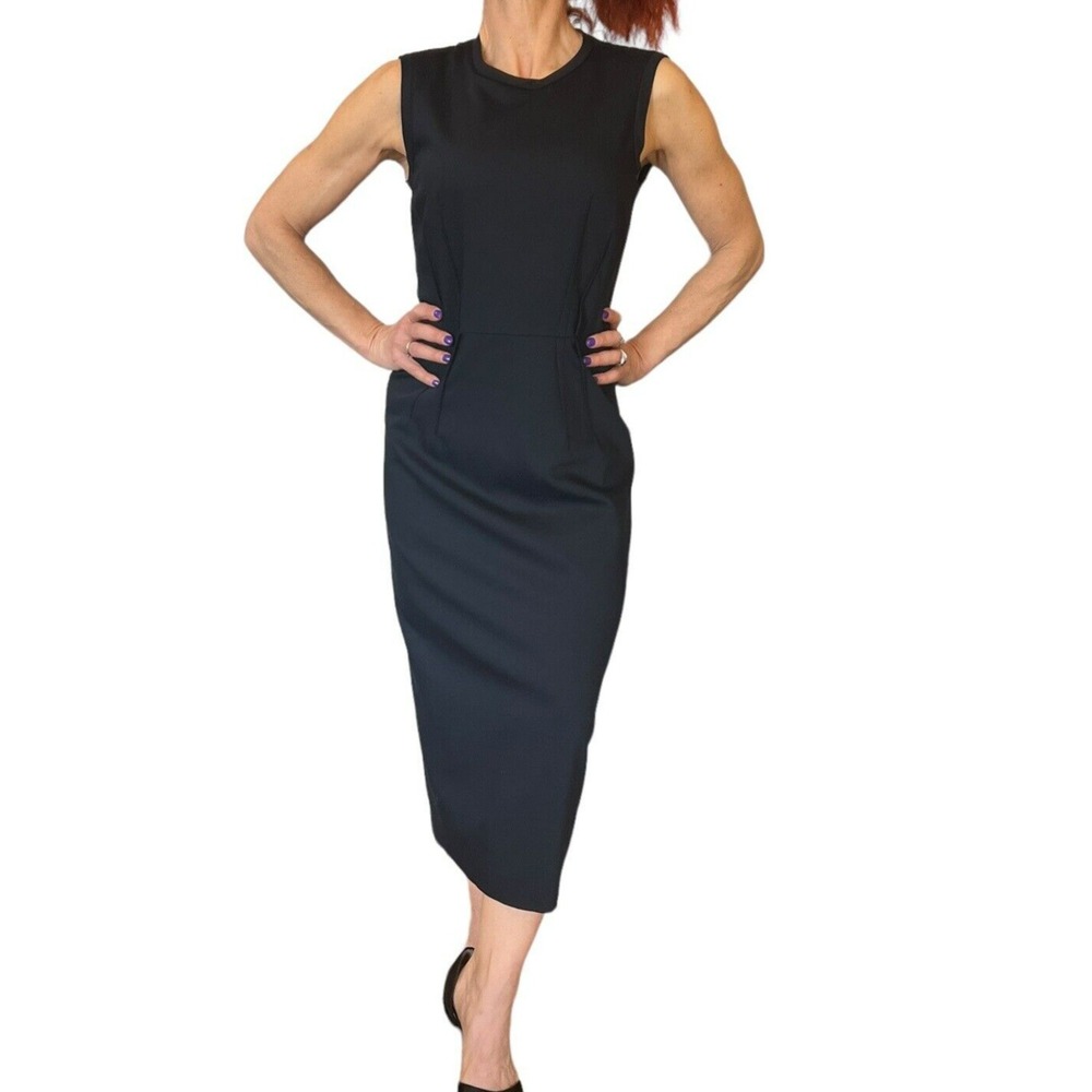 JIL SANDER NAVY BLUE ITALY PENCIL SHEATH SLEEVELESS WOOL SUITING MIDI DRESS 36 4 - Picture 11 of 16